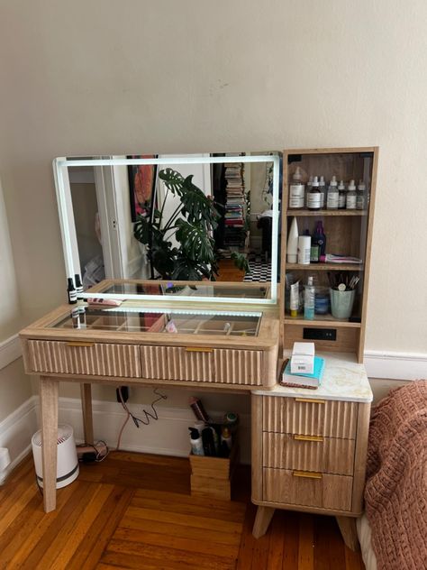 Amazon.com: T4TREAM Makeup Vanity Desk with Large Mirror and Lights, Fluted 48" Glass Top Vanity Table with 5 Drawers & Adjustable Shelves, Dressing Table Set with Charging Station for Bedroom, Solid White : Home & Kitchen Vanity Desk With Shelves, Makeup Vanity Next To Shower Wall, Handmade Makeup Desk, Large Makeup Storage, Modern Boho Vanity, Diy Vanity With Mirror, Makeup Desk In Bathroom, Makeup Desk Mirror, Make Up Stations In Bedroom