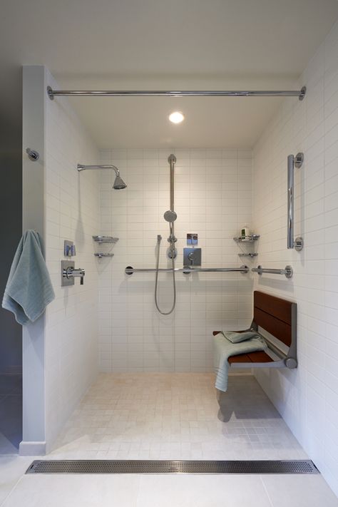 A Dream Come True – Port Townsend FabCab – FabCab Accessibility Design, Accessible Bathroom Design, Ada Bathroom, Accessible Bathroom, Teak Bench, Port Townsend, Aging In Place, Seat Design, House Built