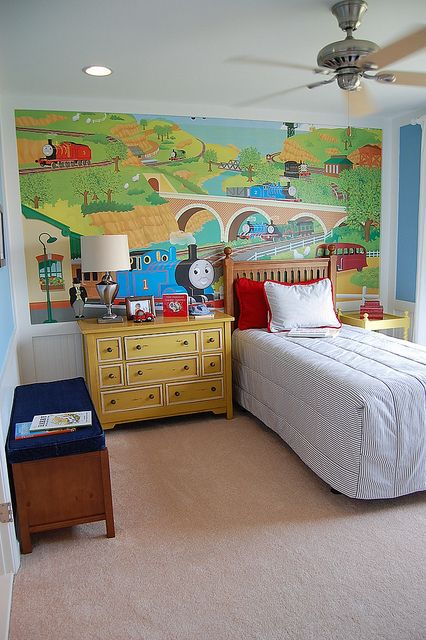 Planes Trains And Automobiles Room, Thomas The Train Bedroom Ideas, Thomas The Train Nursery, Thomas The Train Room Ideas, Thomas The Train Bedroom, Train Theme Bedroom, Thomas The Train Room, Train Room Ideas, Train Mural