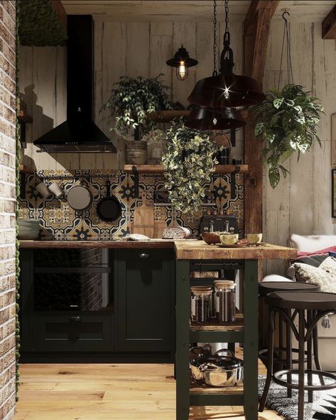 Moody Themed Kitchen, Dark Cottage Kitchen Ideas, Moody Maximalist Decor Kitchen, Dark Academia Cottagecore Kitchen, Kitchen Aesthetic Vintage Dark, Witchy Kitchen Ideas Bohemian, Dark And Moody Kitchen Bohemian, Dark Boho Kitchen Decor, Moody Eclectic Decor Kitchen