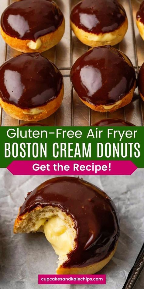 Get ready to devour the heavenly combo of creamy vanilla filling and luscious chocolate glaze in these Gluten-Free Air Fryer Boston Cream Donuts! Simple to make, these donuts are a crave-worthy treat, perfect for breakfast or any special occasion. Gluten Free Mini Waffle Maker Recipes, Gluten Free Glazed Donut Recipe, Keto Donuts In Air Fryer, Gluten Free Fair Food, Gf Donut Recipe, Air Fryer Gluten Free Recipes, Easy Gluten Free Snacks, Gluten Free Boston, Gluten Free Donut Recipe