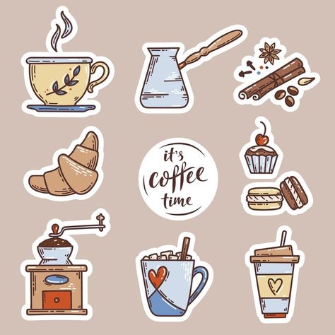 Drinks Packaging Design, Coffee Vector, Drawing Ideas List, Drink Stickers, Cute Laptop Stickers, Coffee Illustration, Coffee Cup Design, Coffee Theme, Autumn Stickers