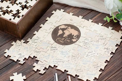 Wedding Personalized Wooden Puzzle World Map Guestbook With - Etsy Serbia Guest Book Birthday, Puzzle Guest Book Wedding, Book Birthday Party, Puzzle Wedding, Book Birthday Parties, Puzzle Guest Book, Wedding Puzzle, Free Puzzles, Personalized Puzzles