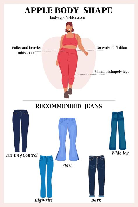 How to Choose Jeans for the Apple Body Shape Best Jeans For Body Type Apple, Jeans For Apple Body Shape, Best Jeans For Apple Shaped Women, Jeans For Apple Shape, Apple Body Shape Fashion, Apple Body Shape Outfits, Apple Body Shape, Apple Shape Fashion, Bootcut Jeans Outfit