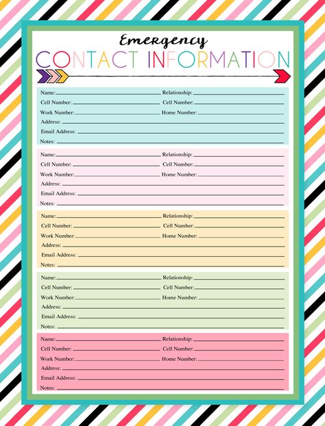 Printables Organizational, Emergency Contact Form, Simple Camping, Emergency Contact List, Organizational Printables, Emergency Binder, Phone Template, Contact Sheet, Home Binder