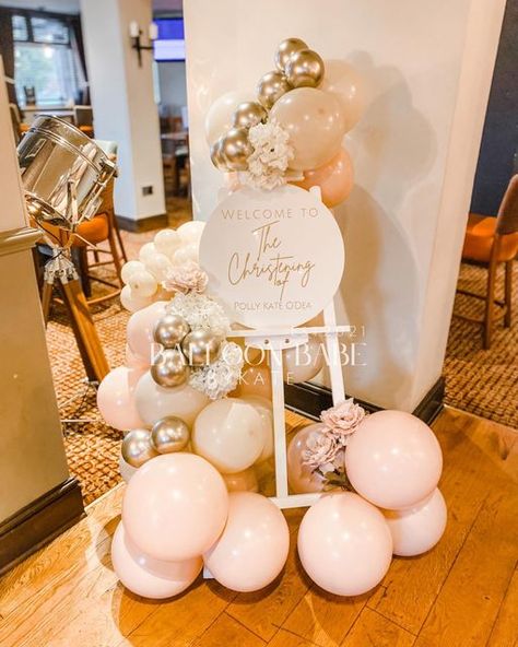 LUXURY BALLOON STYLIST 🕊 on Instagram: "Be your own success story ✨ A gorgeous christening display. Cameo & white sand 😍 Swipe left for the most gorgeous cake 😍 #balloonandeaselboard #balloonartist #balloondecor #balloongarland #christeningdecor #christeninginspo #balloonsofinstagram #bubbleballoons #balloonsinaldridge" Girls Christening Decorations, Christening Balloon Decorations, Baptism Balloon Decorations, Baby Girl Christening Decorations, Girl Christening Decorations, Christening Table Decorations, Baptism Balloons, Christening Decor