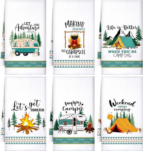 6 pieces of different styles of camping themed kitchen towels, with enough quantity and novelty styles to meet your daily needs for cleaning kitchen dishes, and you can also share them with your family and friend. Camping Dishes, Novelty Decor, Camping Kitchen, Camper Camping, Rv Accessories, Gifts For Campers, Rv Parts And Accessories, Camp Kitchen, Camping Theme