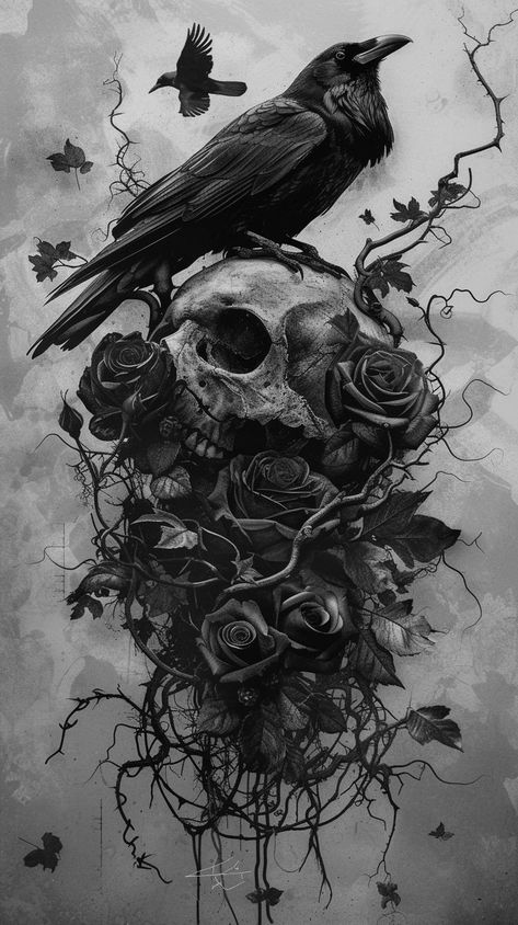 Skulls And Raven Tattoo, Raven Skull Wallpaper, Crow And Rose Tattoo, Raven Wallpaper Aesthetic, Two Ravens Tattoo, Wallpaper Iphone Skull, Raven And Skull Tattoo, Raven Art Dark, Skeleton Art Dark