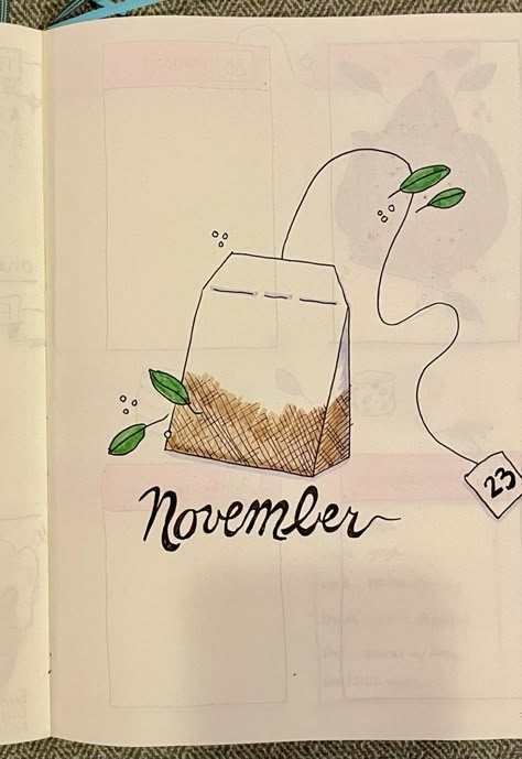 Tea theme November Bullet Journal Cover, November Bullet Journal, Journal Cover Page, Bullet Journal Cover, Bullet Journal Cover Page, Disney Art Drawings, Envelope Art, Bullet Journal Design Ideas, Bullet Journal Themes