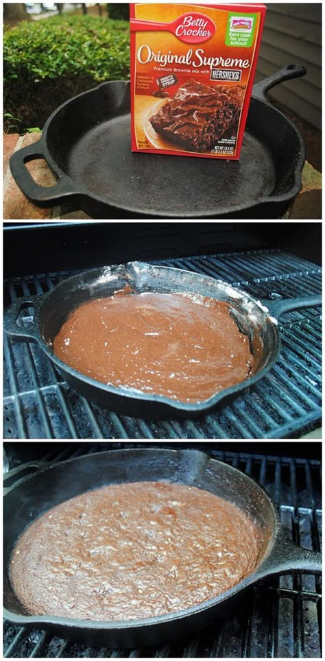 camping-recipes-skillet-cast-iron Skillet Brownie, Camping Hacks Food, Camping Foods, Cheesecake Brownie, Camping Desserts, Camping Food Ideas, Grill Outdoor, Camper Hacks, Iron Skillet Recipes