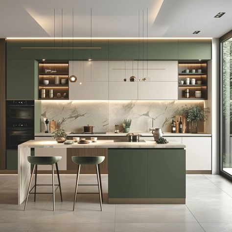 30 Gorgeous Two tone kitchen cabinets you need to see Small Kitchen Storage Hacks, Kitchen Cabinets Color Combination, Kitchen Colour Combination, Green Kitchen Designs, Two Tone Kitchen Cabinets, Latest Kitchen Designs, Kitchen Storage Hacks, Organize Your Kitchen, Green Kitchen Cabinets