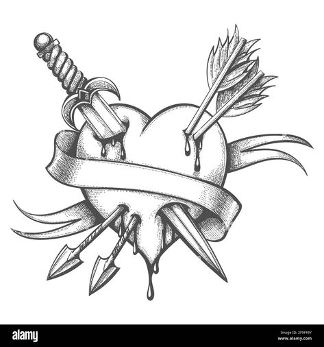 Download this stock vector: Tattoo of Heart Pierced by Knife and Arrows drawn in engraving style. Vector illustration. - 2F9F49Y from Alamy's library of millions of high resolution stock photos, illustrations and vectors. Knife In Heart Tattoo, Pierced Heart Tattoo, Tattoo Of Heart, Embers Tattoo, Heart Dagger Tattoo, Heart Knife, Arrows Tattoo, Heart Arrow Tattoo, Lion Art Tattoo