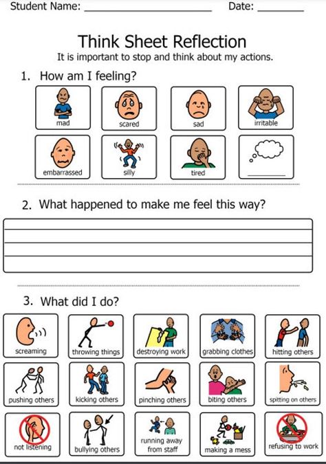 Reflecting on one's actions and behaviors is a great way to grow as an individual. Help your students reflect on their behavior and grow their emotional brains. Pages: 2 Created by Educators for Educators- 2022. This is a digital download/printable product. No physical product will be mailed to you. You can access your digital downloads instantly through your Etsy account, under "Purchases and reviews." Download the files onto your desktop or laptop computer, save, and print! (Please note: digit Think Sheets For Behavior, Emotion Behavior Wheel, Managing Feelings And Behaviour Activity, Behavior Reflection Sheet Elementary, Behaviour Reflection Sheet, Think Sheet, Social Emotional Learning Activities, Social Emotional Skills, Counseling Activities