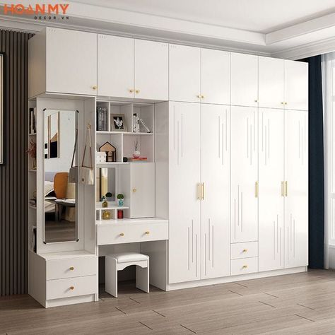 Modern full wall wooden wardrobe with a fixed mirror and shelves, 3 drawers & cabinets design ideas Wall Wardrobe Design, Wooden Wardrobe Design, Modern Cupboard, Drawing Room Decor, Modern Factory, Bedroom Cupboard, Closet Design Layout, Modern Cupboard Design, Luxury Closets Design