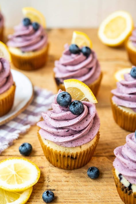 Lemon Blueberry Cupcakes Recipe - Dinner, then Dessert Gluten Free Lemon Cupcakes, Blueberry Cupcakes Recipe, Gluten Free Cupcake Recipe, Blueberry Frosting, Lemon Blueberry Cupcakes, Cupcakes Flores, Coconut Dessert, Blueberry Cupcakes, Gluten Free Cupcakes