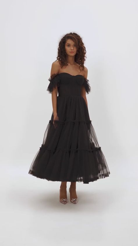 Black Ruffled Tulle Midi Dress ➤➤ Milla Dresses - USA, Worldwide delivery Milla Dresses, Navy Floral Maxi Dress, Corset Lacing, Tulle Midi Dress, Dress Weights, Fall Wedding Guest Dress, Fall Dress Outfit, Black Evening Dresses, Black Wedding Dresses