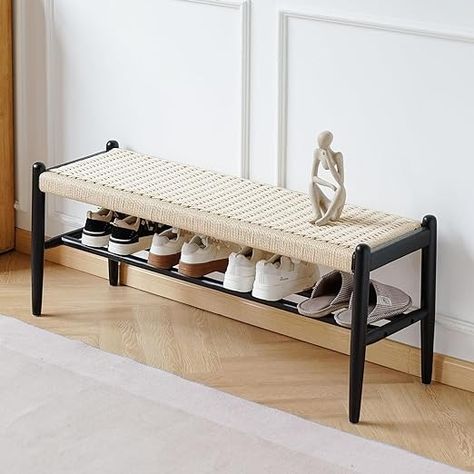 Amazon.com: XINNAN Solid Wood Entryway Bench with Shoe Storage, Rustic Oak Wood and Woven Design 45 Inch Long Seating for Living and Dining Rooms,Black : Home & Kitchen Entryway Bench With Shoe Storage, Small Entryway Bench, Wood Entryway Bench, Wood Entryway, Shoe Storage Shelf, Black Dining Room, Entryway Storage, Small Entryway, Bench With Shoe Storage