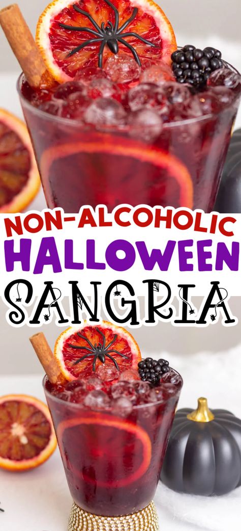 An easy Halloween mocktail that can be made as a batch in a pitcher or as one serve. Suitable for both adults and kids, this non-alcoholic Sangria can be made ahead of time for easy party planning. Non Alcoholic Halloween Cocktails, Non Alcoholic Drinks For Fall Parties, Halloween Party Non Alcoholic Drinks, Halloween Party Beverages, Halloween Drink Mocktail, Halloween Party Mock Tails, Mocktail By The Pitcher, Non Alcoholic Drinks Halloween Party, Halloween Kid Friendly Punch