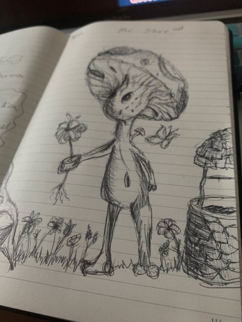 A mushroom figure holding out a flower, surrounded by flowers and a stone well. Mushroom Sketch Simple, Mushroom Guy Drawing, Mushroom People Art, Mushroom Man Drawing, Mushroom People, Mushroom Sketch, Cartoon Mushroom, Cow Drawing, Person Drawing