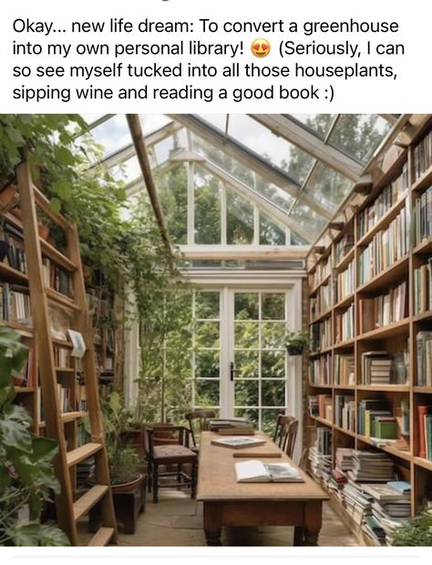 Glass Greenhouse Aesthetic, Garden Shed Library, Book Shed Ideas, Greenhouse Bookstore, Greenhouse Living Space, Greenhouse Reading Room, Reading Greenhouse, She Shed Book Nook, Solarium Library