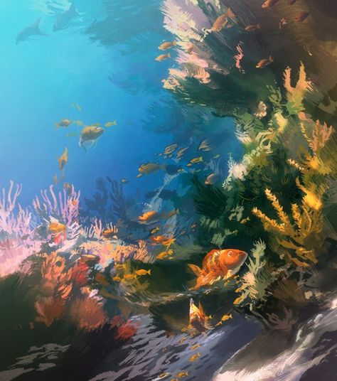 Digital Paintings by Tuomas Korpi Marine Life Painting, Aquarium Painting, Aquarium Drawing, Garage Mural, Hawaii Painting, Mermaid Background, Sea Drawing, Underwater Images, Underwater Painting