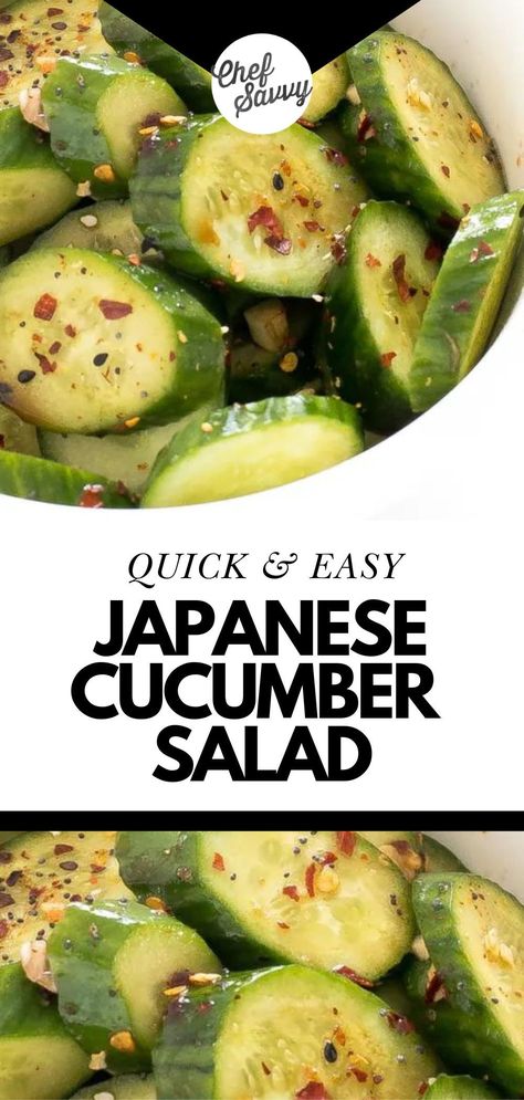 Save this Quick and Easy 5 minutes Japanese Cucumber Salad. This healthy and refreshing Japanese Cucumber Salad recipe is simple to throw together and packed with a ton of flavor! Sliced cucumbers are tossed with an Asian-inspired dressing of soy sauce, rice vinegar, sesame oil, and sugar! This will be your new go-to side dish. Follow Chef Savvy for more easy side dishes recipes! Japanese Cucumber Salad Recipe, Japanese Cucumber Salad, Soy Sauce Rice, Chef Savvy, Japanese Cucumber, Quick Pickled Red Onions, Cucumber Avocado Salad, Asian Cucumber Salad, Cucumber Salad Recipe