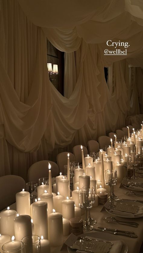 White Drapes Wedding Reception Ideas, Party Decor Ceiling, Pearls And Crystals Wedding Decor, Civil Wedding Dinner, Candle Lit Wedding Dinner, 50 People Wedding, All White Wedding Party, Dinner Party Setting, Ceremony Backdrop Indoor