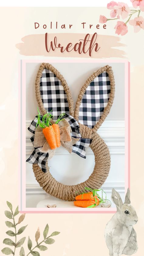 Dollar Tree Bunny Wreath, Easter Wreath, DIY Easter Bunny Wreath, Dollar Tree Bunny Decor DIY Diy Bunny Crafts, Spring Wreath Dollar Tree, Dollar Tree Bunny Wreath Form Ideas, Dollar Tree Easter Diy Ideas, Easter Bows Diy, Bunny Frame Wreath, Wire Bunny Head Wreath, Rabbit Wreath Bunny, Diy Easter Wreaths For Front Door