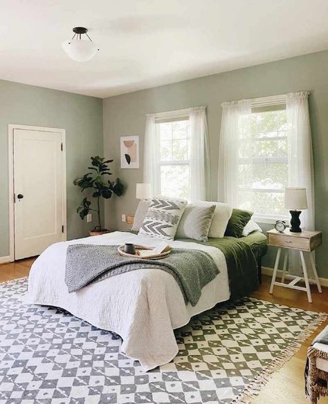 sage green bedroom with white bed Gray And Sage Green Bedroom, Green White Room, Sage Paint Colors, Sage Green Bedroom Decor, Sage Green Room, Green Room Design, Green Bedroom Colors, Sage Paint, Sage Green Furniture