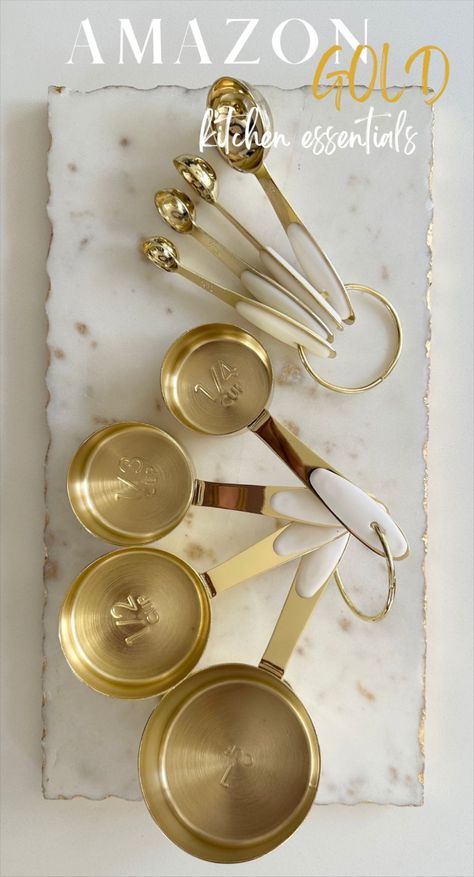 Kitchen Astethic Gold, Brass Measuring Cups, Measuring Cups And Spoons Organization, Pretty Measuring Cups, Aesthetic Measuring Cups, Cute Measuring Spoons, Measuring Cups Aesthetic, Cute Measuring Cups, White And Gold Kitchen Decor