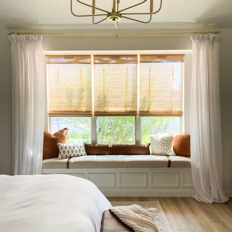 Window Bench Seat Curtains, Curtains Above Bench Seat, Bay Window With Bench Curtain Ideas, Bench Seat Window Treatments, Underneath Window Ideas, Curtains For Bay Window With Bench, Window Seat Curtains & Drapes, Window Bench Curtains, Window Bench In Bedroom