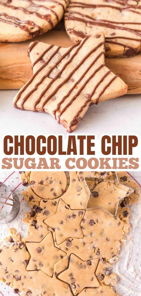 Chocolate Chip Sugar Cookies are an easy rolled sugar cookie recipe loaded with chocolate chips. Cookie Dippers, Chocolate Chip Sugar Cookies, Christmas Chocolate Chip Cookies, Rolled Cookies, Rolled Sugar Cookie Recipe, Roll Out Sugar Cookies, Rolled Sugar Cookies, Sugar Cookie Recipe, Roll Cookies