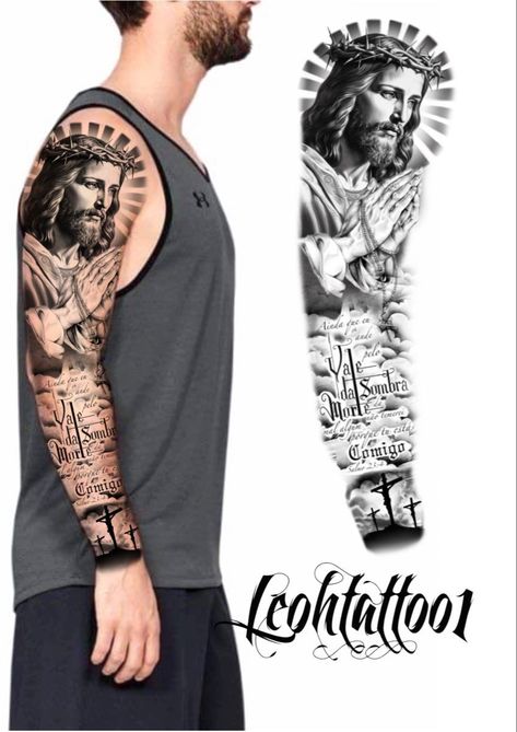 Jesus Tattoo Sleeve, Mother Mary Tattoos, Hair Tattoo Designs, Geometric Tattoo Sleeve Designs, Leg Sleeve Tattoos, Leg Tattoo Ideas, Full Hand Tattoo, Chicano Tattoos Sleeve, Christ Tattoo