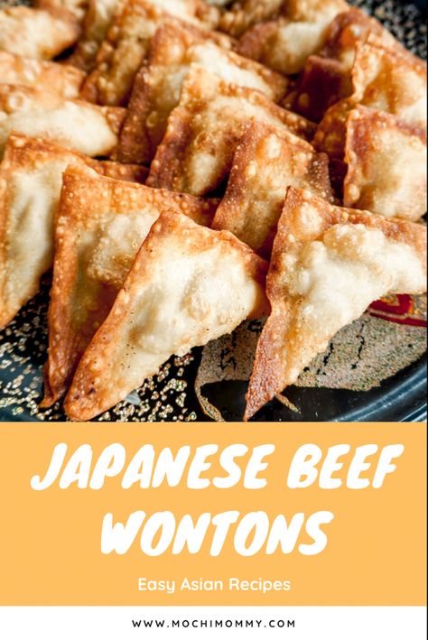 You can find these fried wontons at Japanese American obon festivals in California, but theyre actually originally a hawaiian food known as crispy gau gee. #asianfood Japanese Appetizers Easy, Fried Wonton Recipes, Japanese Potluck, Japanese Party Food, Deep Fried Beef, Beef Wontons, Breakfast Plating, Beef Wonton, Japanese New Year Food