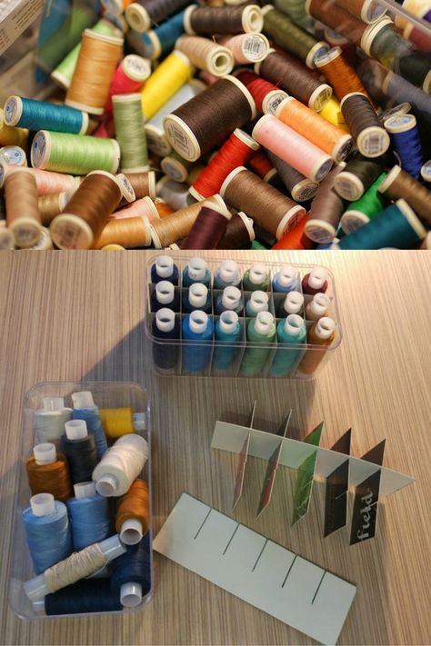 Sewing Thread Organization, Bead Organization Ideas How To Organize, Thread Storage Ideas, Sewing Kit Gift, Sewing Nook, Thread Organizer, Sewing Room Storage, Thread Organization, Sewing Machine Table