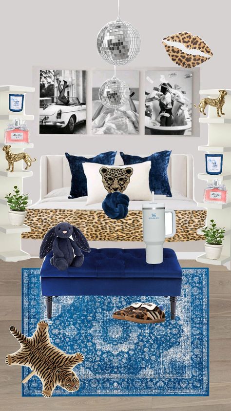 Blue And Cheetah Bedroom, Bedroom Ideas Cheetah Print, Blue And Gold Room Ideas, Cheetah Room Ideas, Navy Blue Apartment Aesthetic, Cheetah Dorm Room Ideas, Navy And Gold Aesthetic, Dark Blue Aesthetic Bedroom, Cheetah Print Room Ideas