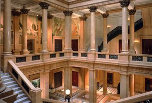 Creating a Human Chain on a Staircase: The museum's soaring three-story Grand Staircase is the centerpiece of the 1907 addition to the original Carnegie Institute building. Covering almost 4,000 square feet of wall space within the staircase is the mural The Crowning of Labor by John White Alexander, which depicts turn-of-the-century ideas of uplift and progress achieved through hard work and industrial power. Visit Pittsburgh, Pittsburgh Pride, Carnegie Museum Of Art, Pittsburgh City, University Of Pittsburgh, Steel City, Pittsburgh Pennsylvania, Best Places To Live, Grand Staircase