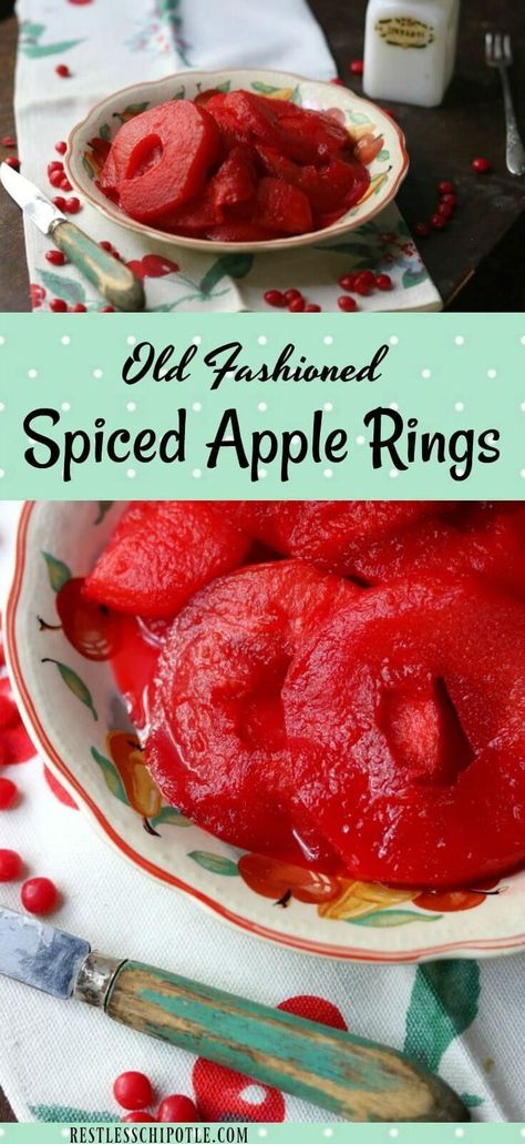 Spiced apple rings recipe is so easy! Tangy apples rings are simmered in a bright cinnamon syrup made with red hots - pears can be substituted for apples in this holiday treat. From RestlessChipotle.com via @Marye at Restless Chipotle Spiced Apple Rings, Apple Rings Recipe, Cinnamon Apple Rings, Red Hots Candy, Apple Rings, Cinnamon Candy, Cinnamon Syrup, Red Hots, Cinnamon Apple