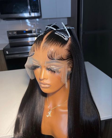 Edges Frontal Wig, Lace Wig With Braids, Freestyle Frontal Wig, Lace Wig Ideas, Wig Install With Braids, 32 Inch Wig, Frontal Wig Creative Style, Straight Hair Lace Front Wig Styles, Hd Lace Frontal Wigs