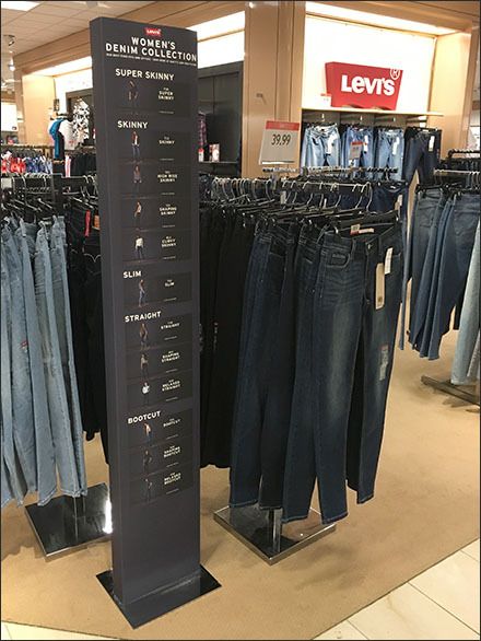 Levis Denim Sizing Vertical Sign Main Clothing Store Interior, Store Signage, Slider Design, Clothing Store Design, Retail Signage, Clothing Displays, Denim Fashion Women, Fabric Display, Retail Signs