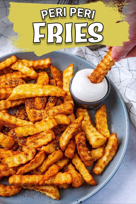 A plate of peri peri fries with a text title overlay. Nandos Chicken Recipe, Peri Peri Fries, Masala Chips, Nando's Chicken, Air Fryer Potato, Best Cafe, Potato Slices, Healthy Potato Recipes, Spicy Seasoning