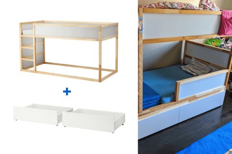 Safety rail panel for the lower KURA bed helps our two year old feel secure, as he just transitioned from a crib directly to this bunk. Kura Cama Ikea, Cama Ikea Kura, Bunk Bed Hacks, Ikea Mydal, Diy Treehouse, Bed Hacks, Kura Bed Hack, Ikea Bunk Bed, Ikea Kura Hack