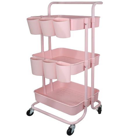 PRICES MAY VARY. ▶【Large Storage Space】The assembled size is about 34"x17" x 14" (87cmx43cmx36cm). The basket size is about 16" x 12" x 3" (40cmx 30cm x 7.5cm ). 3 tier structure can provide you a lot of storage space. ▶【Quality Materials 】Four-sided bracket is made of high quality carbon steel. The 3 Baskets is made of Hard ABS. The metal tubular frame structure can support 20kg capacity for each basket (Total supports overall 60kg), it is easy to hold various household items. ▶【Stable Structur Container Store Rolling Cart, Pink Things For Room, Cute Pink Bathroom Ideas, Rolling Cart Organization, Kawaii Shelf, Dorm Storage Ideas, Rolling Cart Storage, Stuff For Your Room, Pink Organizer