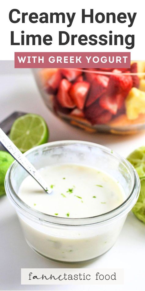 This creamy honey lime dressing with Greek yogurt is the easiest homemade salad dressing recipe! It has just 3 essential ingredients and there's no cooking required. Perfect as a dressing for fruit salad, chicken marinade, or dipping sauce. Creamy Lime Dressing, Clean Eating Dressing Recipes, Fruit Salad With Yogurt Dressing, Greek Yogurt Dressing Recipes Healthy, Watermelon Dressing, Sandwich Dressing Recipe, Dressing For Fruit, Ww Dips, Easy Strawberry Salad