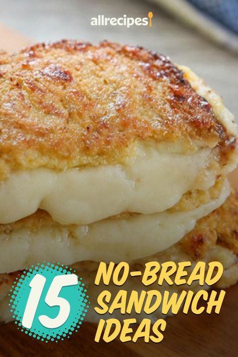 15 No-Bread Sandwiches That'll Wow Your Taste Buds | "Whether you're going low carb or no carb, you can still get your sandwich fix with these top-rated no-bread sandwich recipes. These creative breadless alternatives still hit the sandwich spot! They just do the sandwiching with eggplant slices, plantains, mushroom caps, and cauliflower instead of slices of bread. So even if you're on a strict gluten-free diet, you can still sandwich on!" #lunchrecipes #lunchinspo #lunchinspiration #lunchideas Sandwich Bread Alternatives, Bread Alternative Breakfast, No Bread Hamburger Ideas, Instead Of Bread What To Eat, Keto Sandwich Ideas No Bread, No Carb Sandwich Ideas, Keto Sides For Sandwiches, Bariatric Sandwich Recipes, No Bread No Pasta Meals