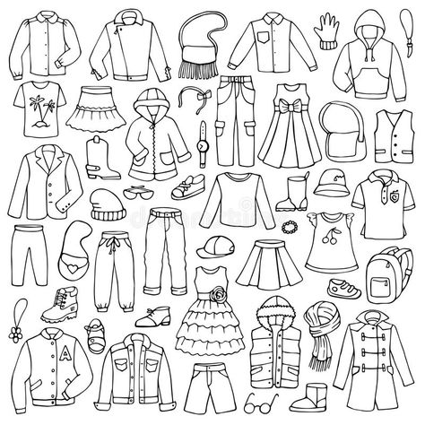 Hand drawn doodle set with childish clothes. Vector illustration for backgrounds #Sponsored , #Sponsored, #paid, #doodle, #Hand, #illustration, #set Clothes Design Illustration, Clothes Drawing Easy, Clothes Doodle, Clothing Doodles, Childish Clothes, Lettering Outline, Doodle Clothes, Clothes Coloring Pages, Clothes Coloring