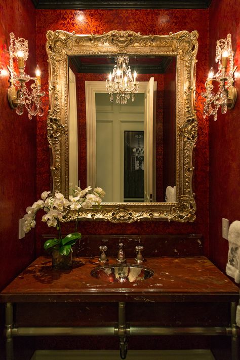 Musical Bathroom Decor, Red Victorian Bathroom, Red Tiled Bathroom, Red And Gold Room, Red Bathroom Aesthetic, Decadent Interior, Vintage Designer Aesthetic, Red And Black Bathroom, Red And Gold Bathroom