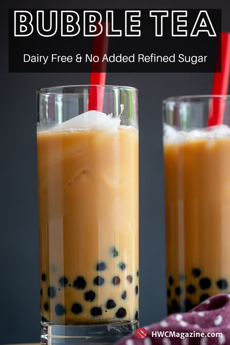 Homemade Cream Earl Grey Bubble Tea is the summer’s most refreshing beverage made with dairy free coconut milk, earl grey tea, chewy boba balls (black tapioca pearls) and lightly sweetened with date paste. (vegan, dairy-free) #HWCMagazine #bubbletea #tea #bobo #earlgrey #tea #teatime #vegan #dairyfree #icedtea #asianbeverage #drink #bobotea / https://www.hwcmagazine.com Dairy Free Boba Tea, Boba Balls, Black Tapioca Pearls, Iced Chai Tea Latte, Iced Chai Tea, Date Paste, Homemade Bubbles, Matcha Chocolate, Chai Tea Latte