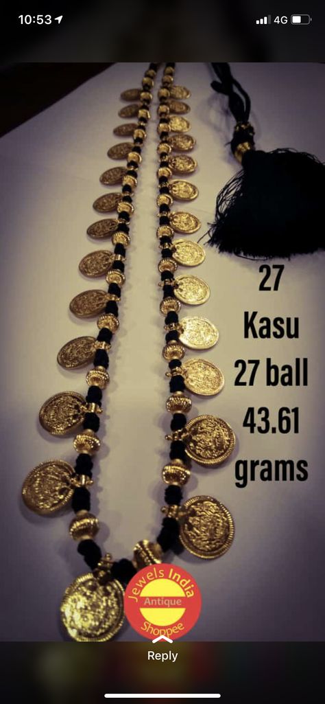 Thread Gold Jewellery Indian, Thread Jewellery Gold, Kasu Necklace Designs, Diy Mangalsutra, Black Thread Gold Jewellery, Black Thread Jewellery Indian, Kasu Necklace, Kasu Mala, Antique Gold Earrings