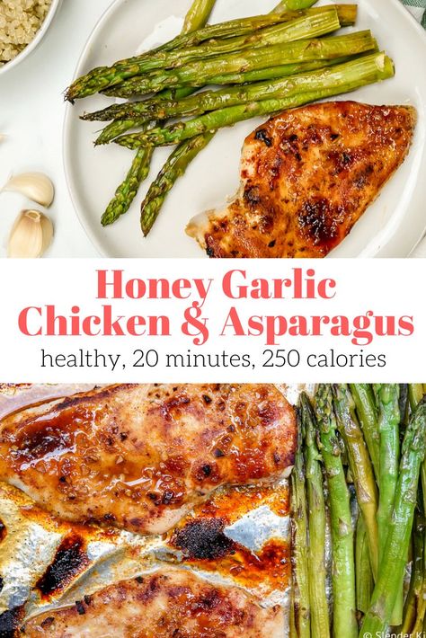 Honey Garlic Chicken and Asparagus - Slender Kitchen. Works for Clean Eating, Gluten Free, Low Carb, Paleo and Weight Watchers® diets. 253 Calories. Chicken With Asparagus, Asparagus Chicken, Healthy Sheet Pan, Chicken And Asparagus, Dinner Steak, Garlic Honey, Chicken Garlic, Slender Kitchen, Healthy Honey